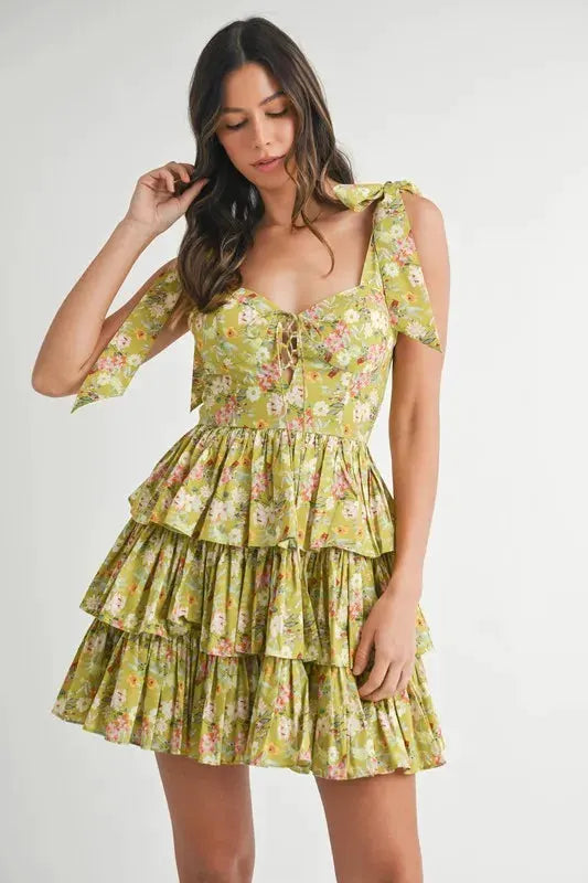 MABLE Floral Print Shoulder Tie Layered Mini Dress by MABLE