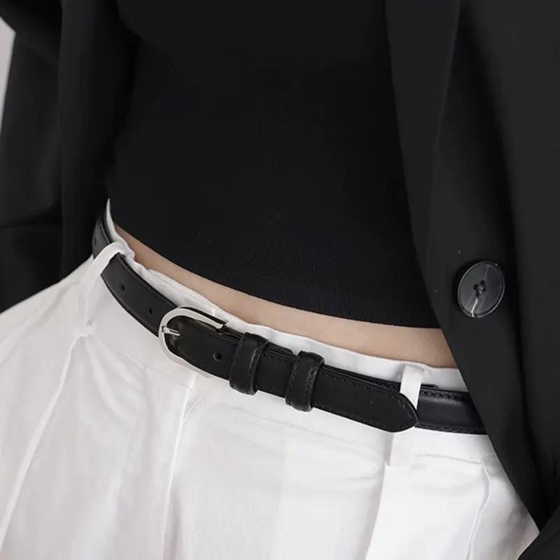 Skinny Leather Belt with Silver Buckle by Trendsi