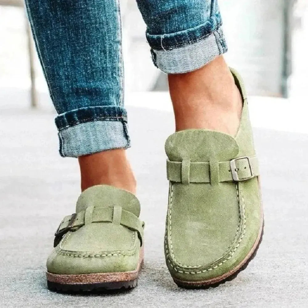 Round Toe Low Heel Buckle Loafers by Partner Label