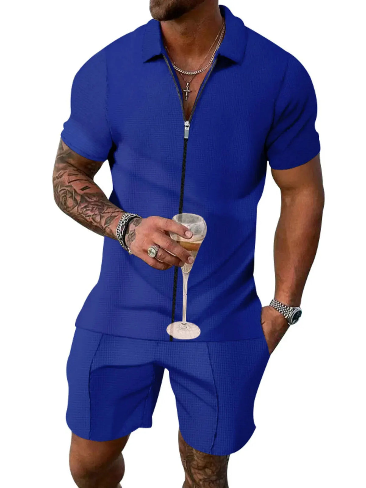 Men's Plus Size Zip Up Short Sleeve Top and Shorts Set by Trendsi