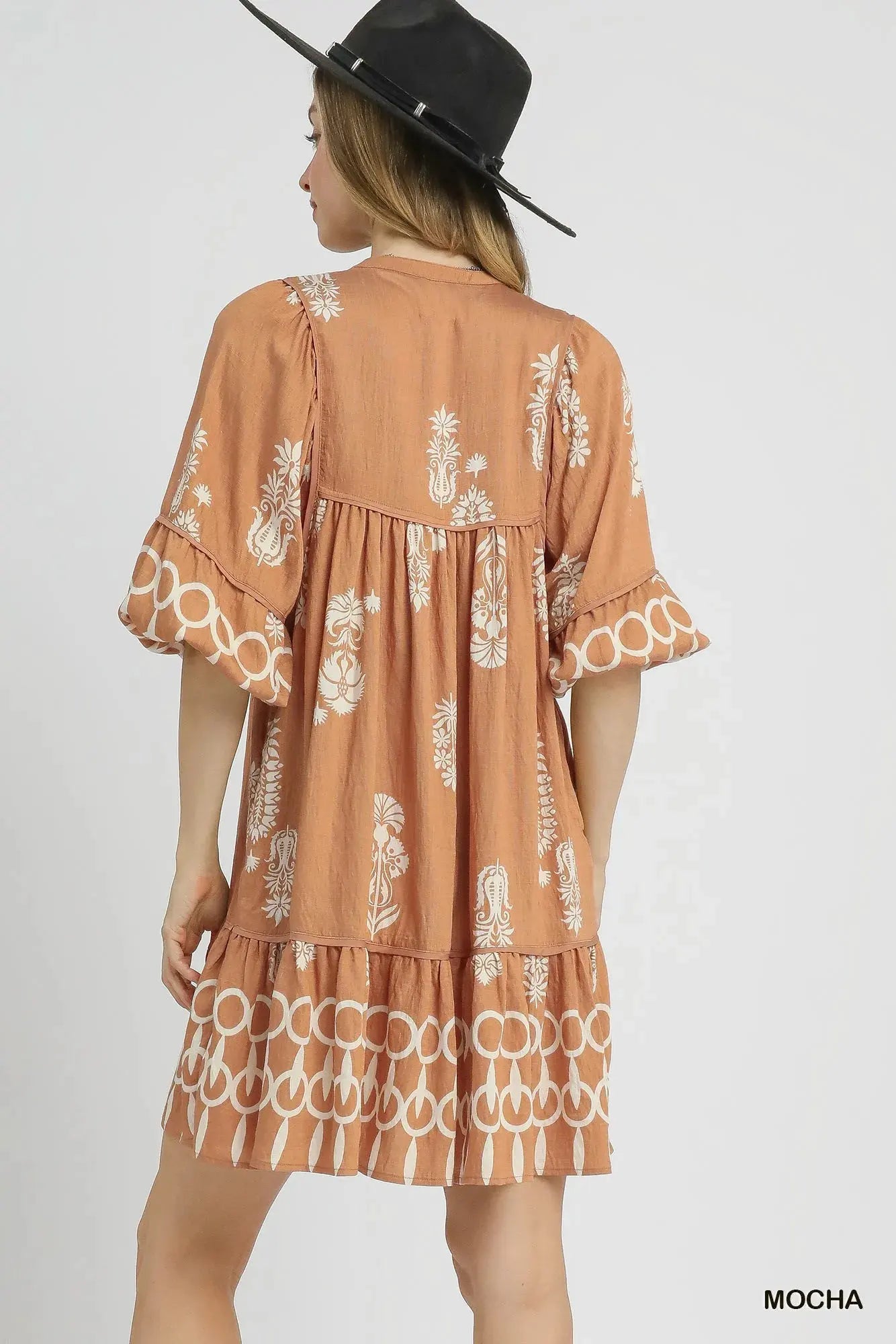 Umgee Boarder Print Tassel Tie Neck Mini Dress by Umgee