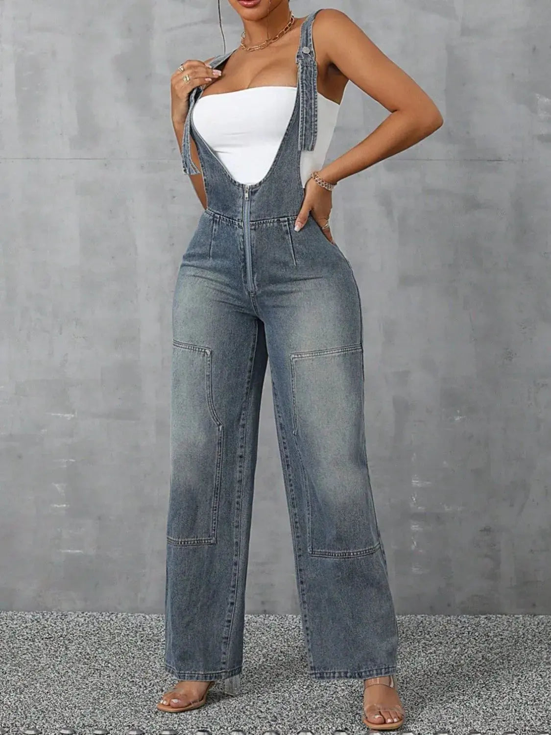 Zip Front Wide Strap Denim Overalls by Partner Labels