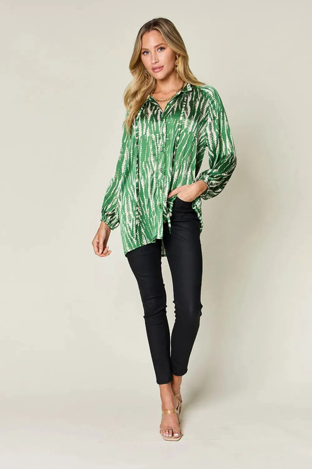 Double Take Full Size Printed Button Up Long Sleeve Shirt by Double Take