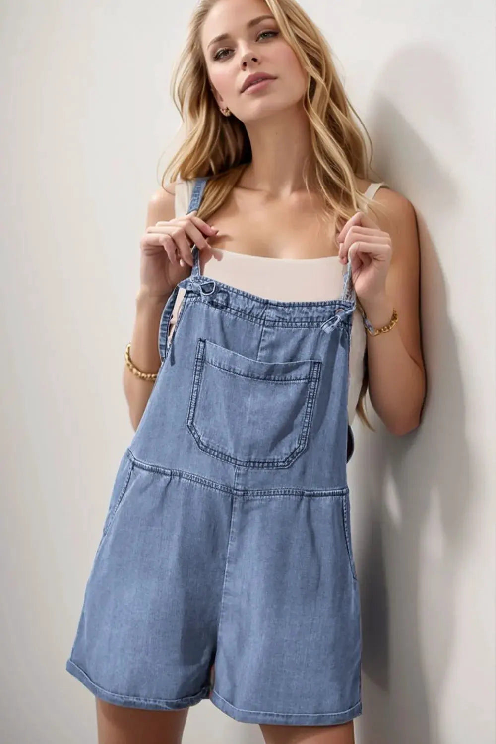 Square Neck Denim Overalls with Pockets by Partner Labels