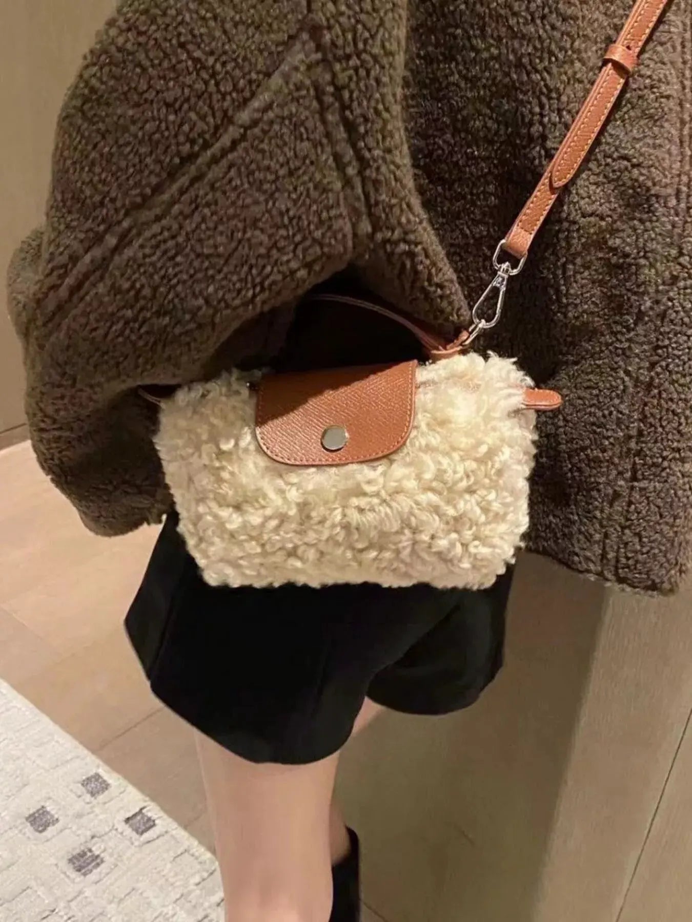 Fluffy Crossbody Bag with Leather Accents by Partner Label
