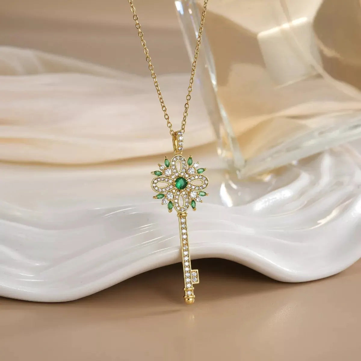 18K Gold-Plated Zircon Key Pendant Necklace by Partner Label