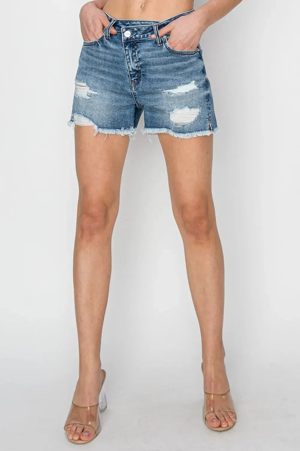 RISEN Stepped Waist Frayed Denim Shorts by RISEN