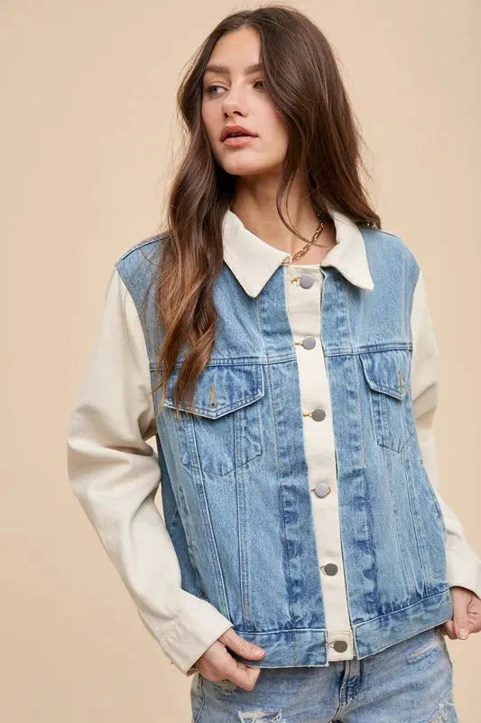 Annie Wear Collared Neck Double Placket Denim Jacket by Annie Wear