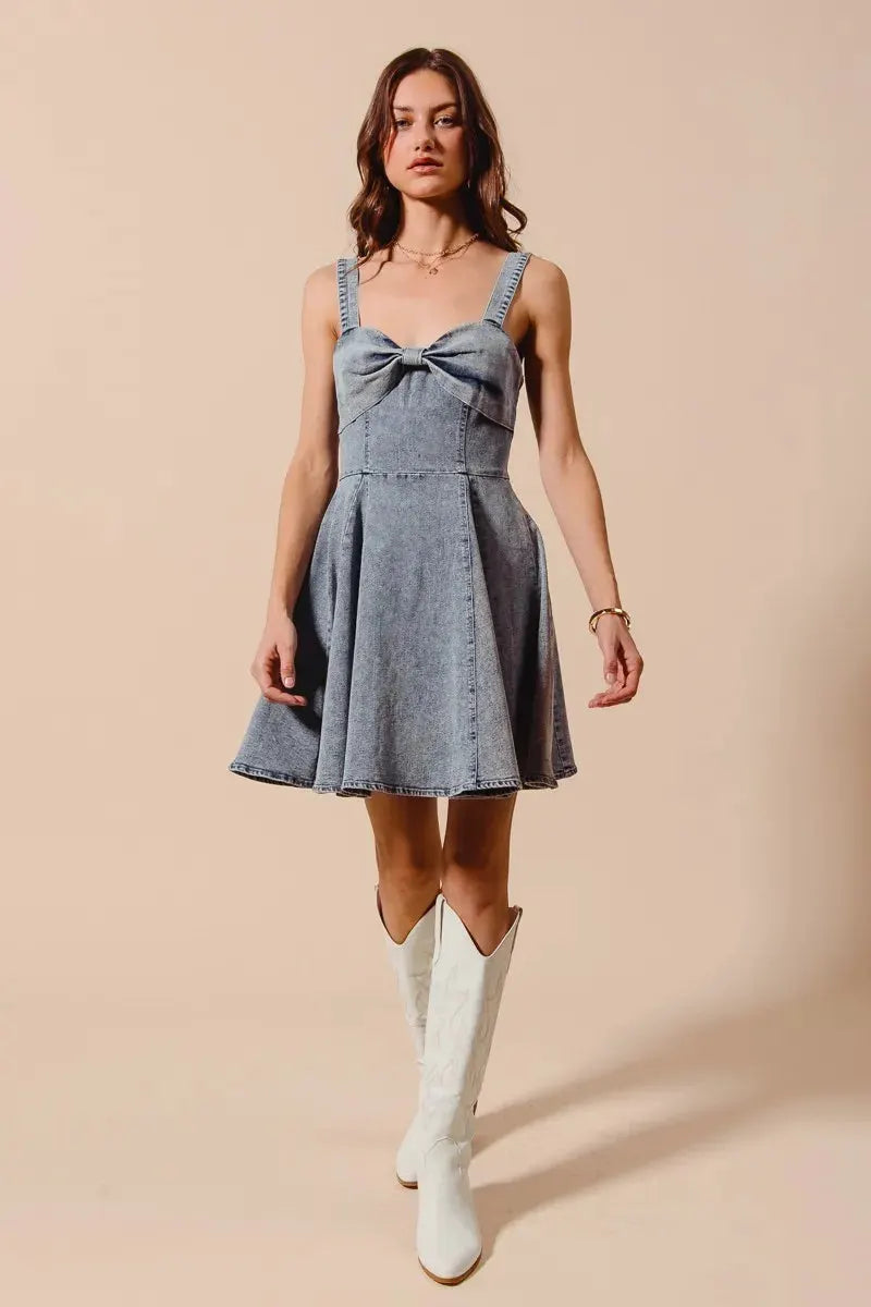 SO ME Mineral Washed Bow Ribbon Denim Flare Dress by Partner Label