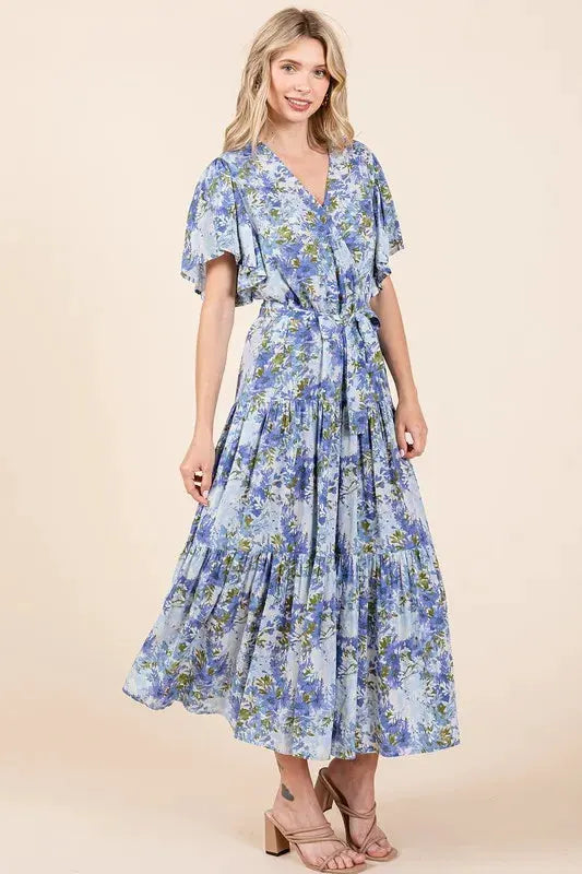 Mittoshop Floral Tie Waist Flutter Sleeve Tiered Dress by Mittoshop