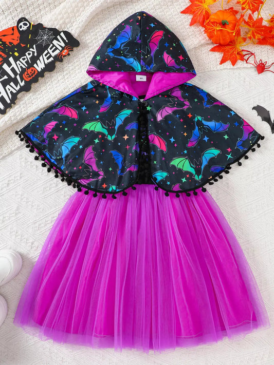 Children's Halloween Bat Print Hooded Cape and Tulle Dress Set by Trendsi