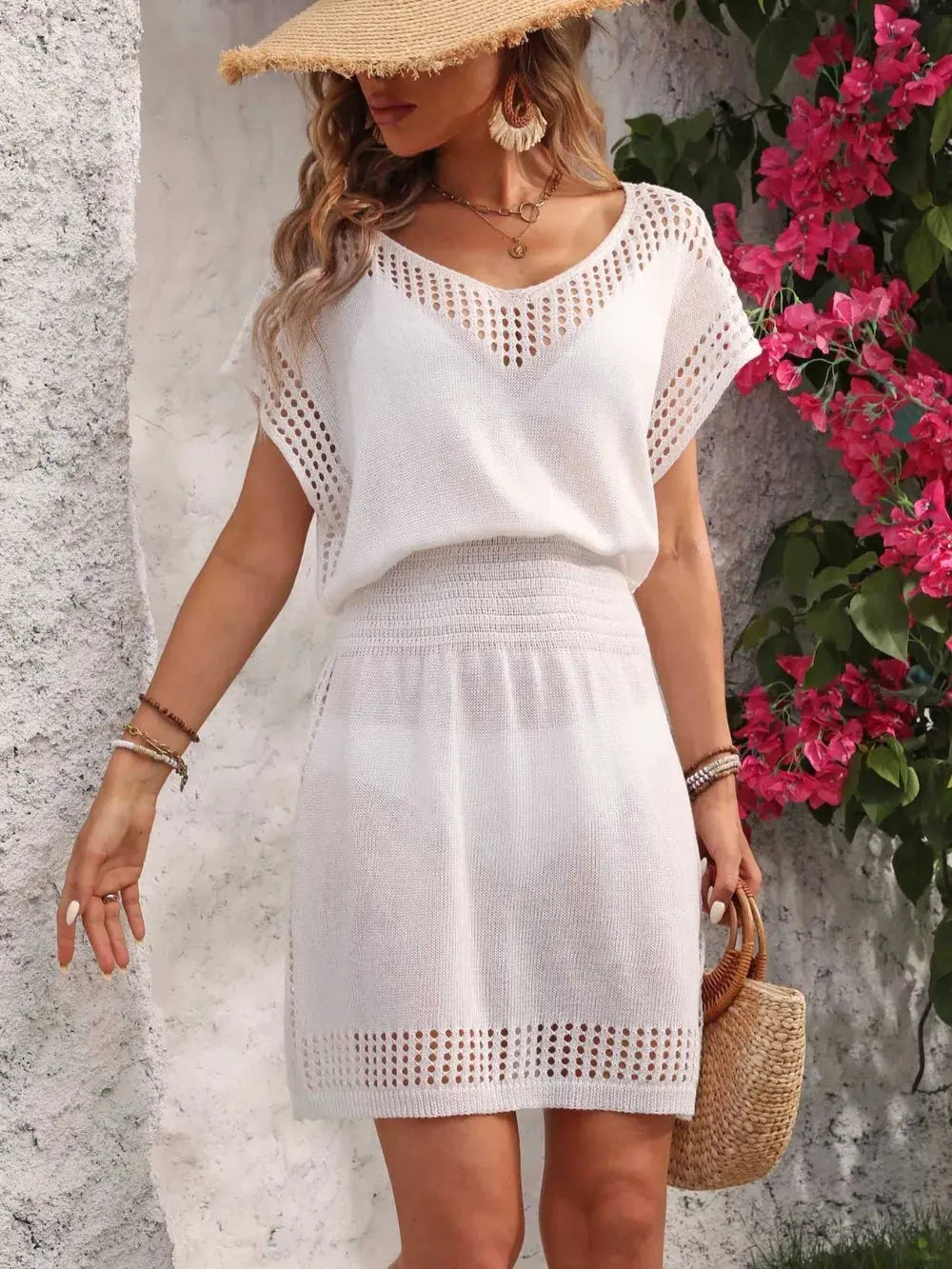 Openwork V-Neck Short Sleeve Cover-Up Dress by Partner Label