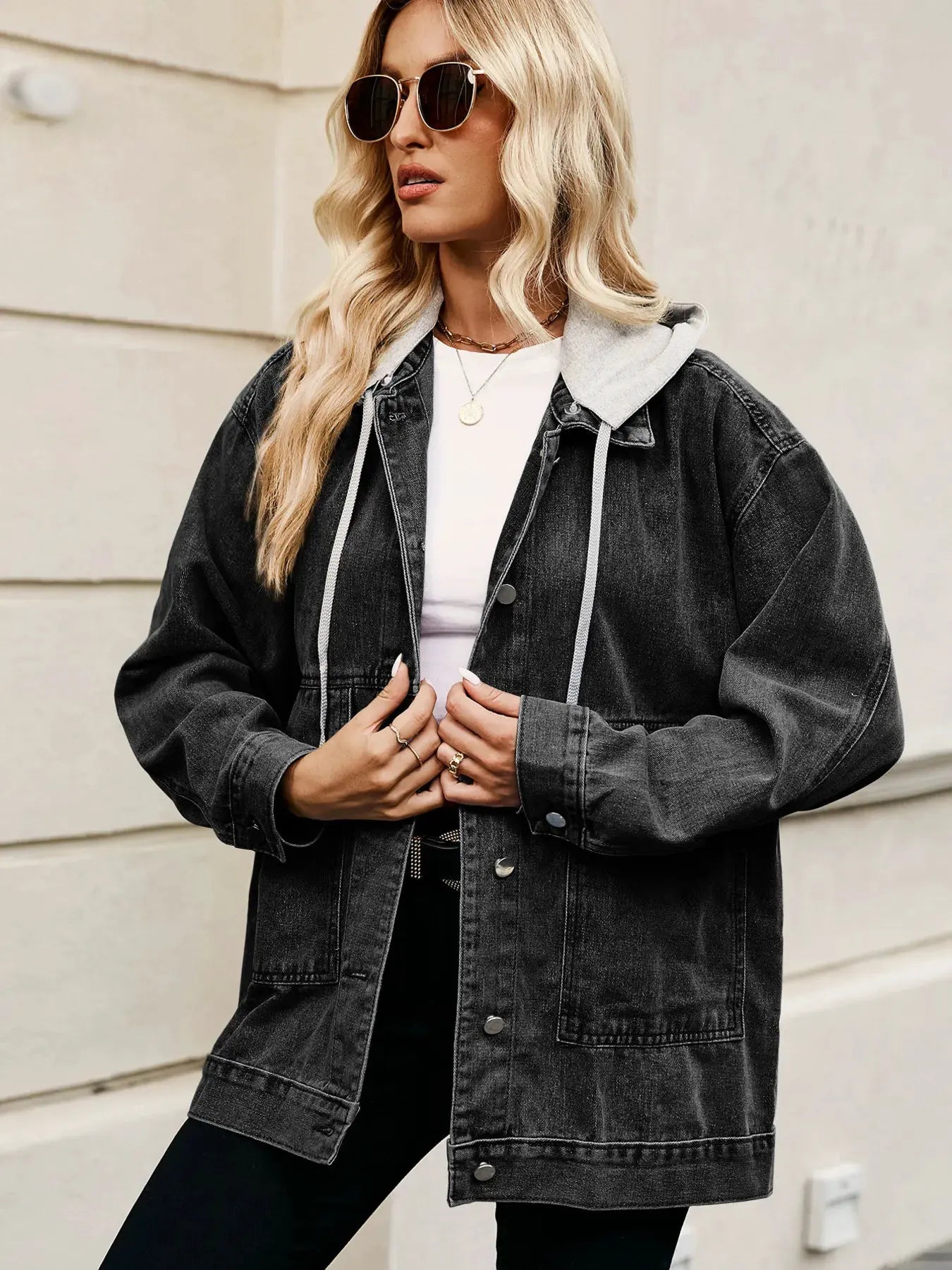 Oversized Button Up Denim Jacket with Hood by Partner Label