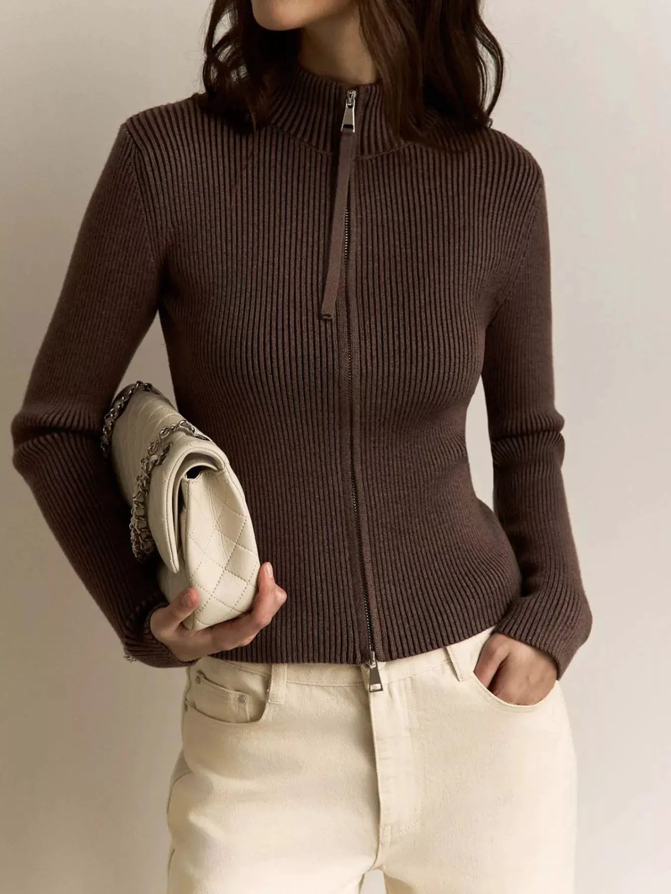 Ribbed Knit Zip-Up Cardigan by Partner Label
