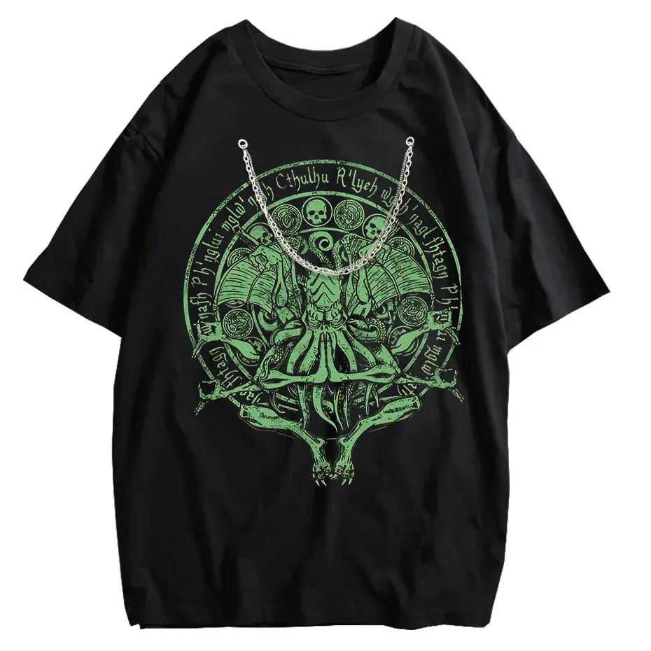 Vintage Green Cthulhu T-Shirt Men Oversized Streetwear Tee by Vimost Shop