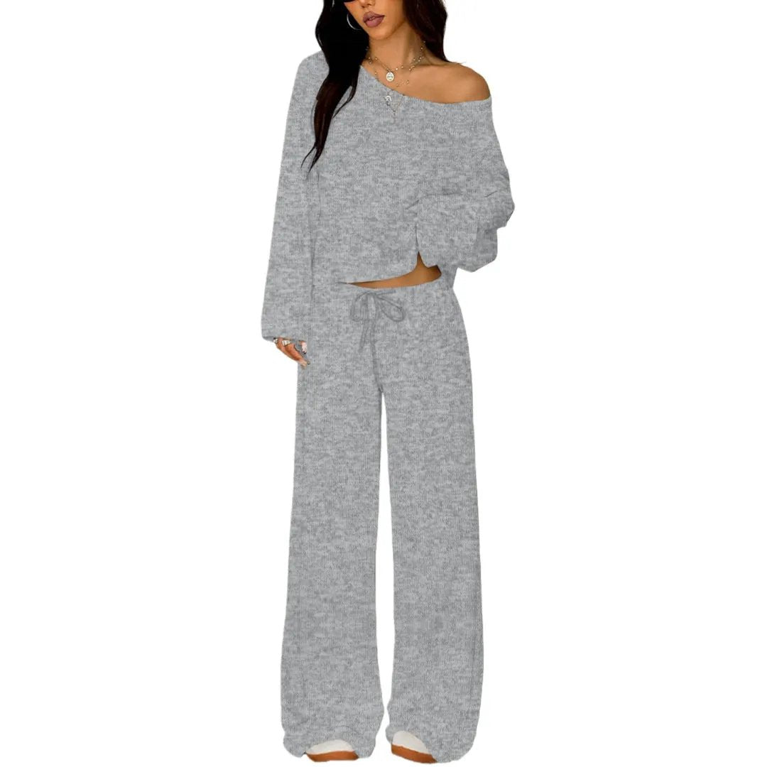 Womens Solid-Color Casual Off-the-Shoulder Long-Sleeve Pants by Maiden-Art