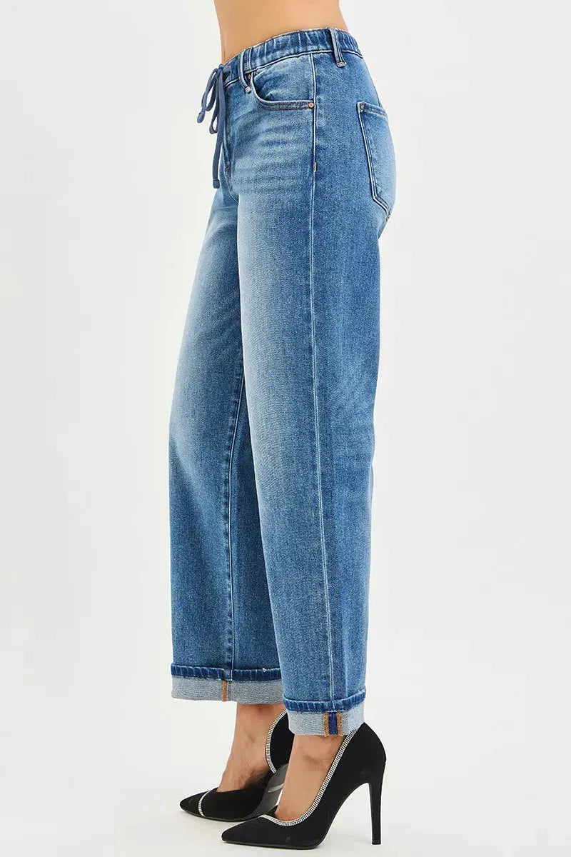 RISEN Elastic Band Slouch Ankle Boyfriend Cuffed Hem Jeans by RISEN