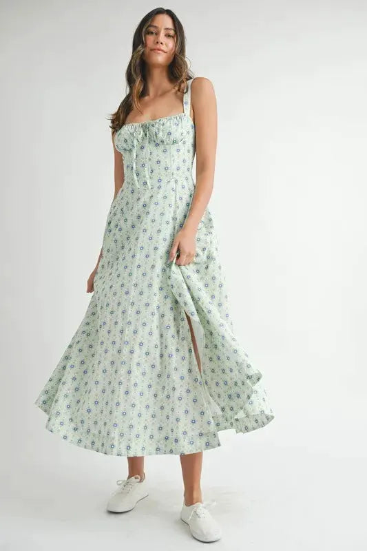MABLE Floral Print Bustier Back Lace Up Midi Dress by MABLE
