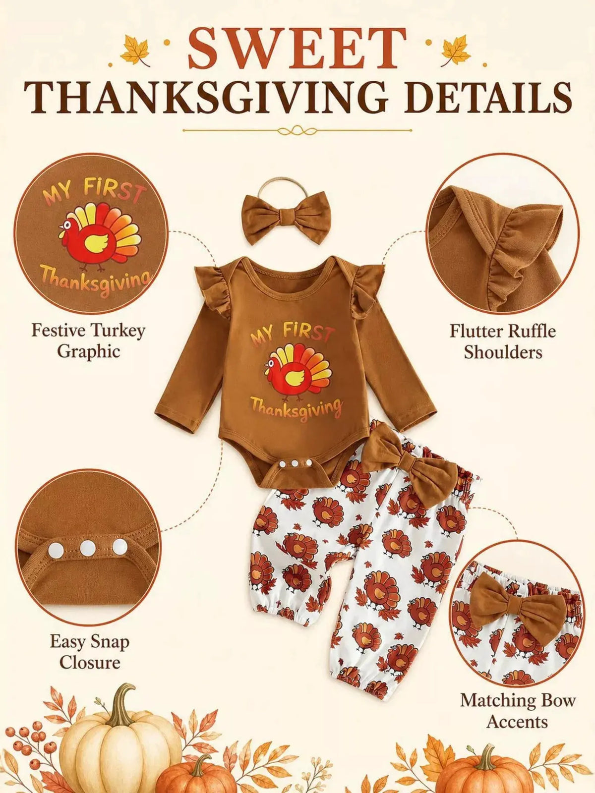 Children's 'My First Thanksgiving' Ruffle Bodysuit and Turkey Print Pants Set with Headband by Trendsi