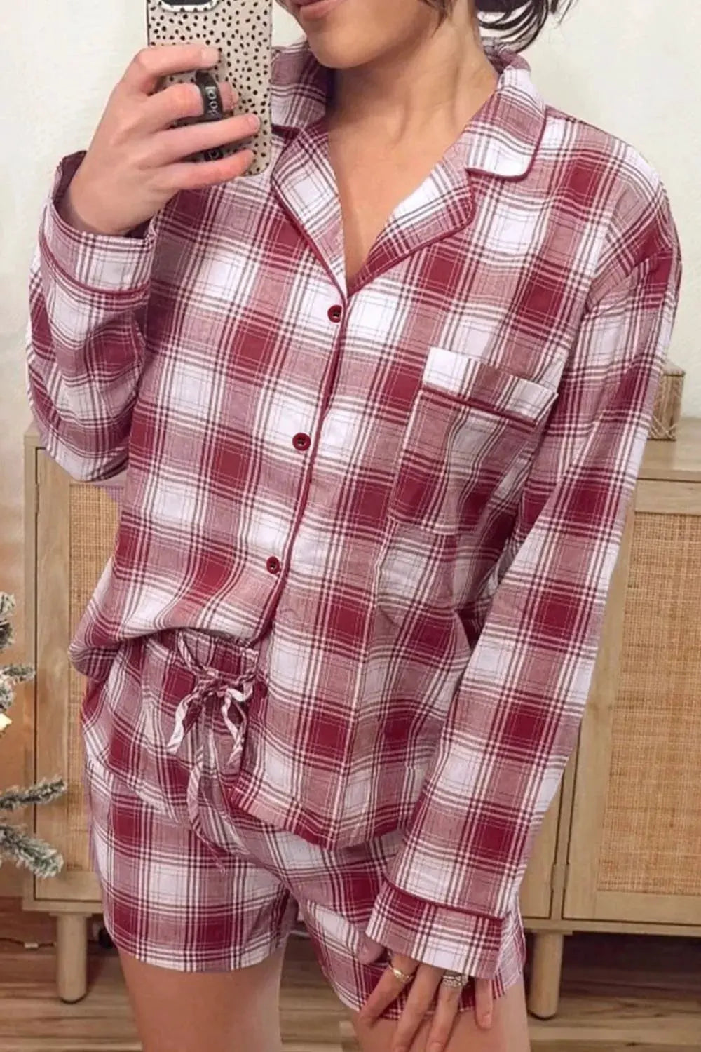 Plaid Long Sleeve Shirt and Drawstring Shorts Lounge Set by Partner Label
