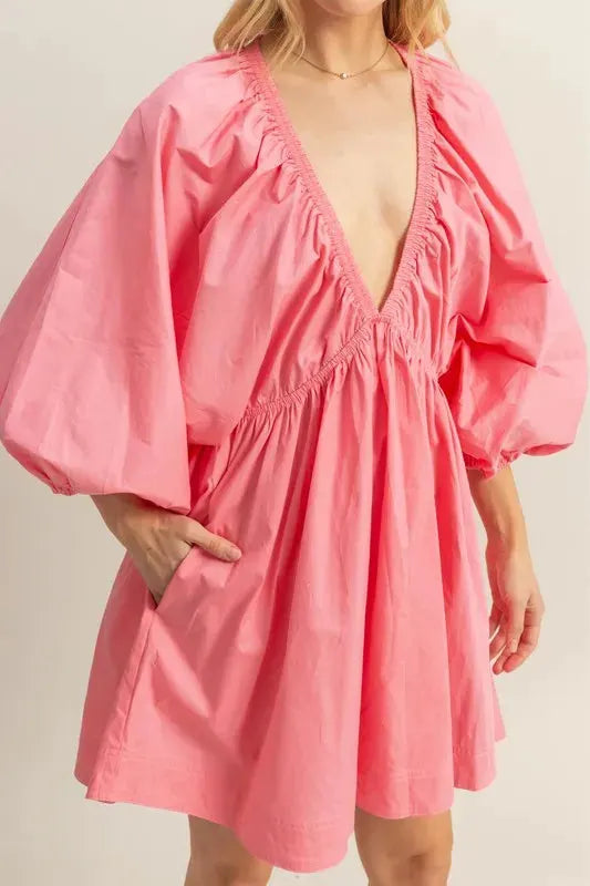 HYFVE Plunge Balloon Sleeve Poplin Mini Dress with Pockets by HYFVE