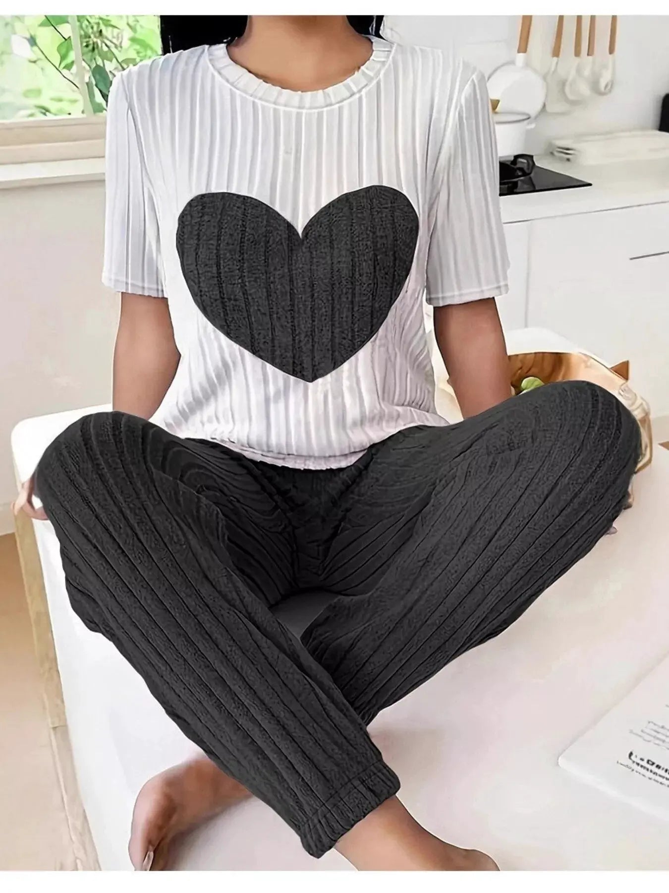 Heart Ribbed Knit Top and Pants Lounge Set by Partner Label