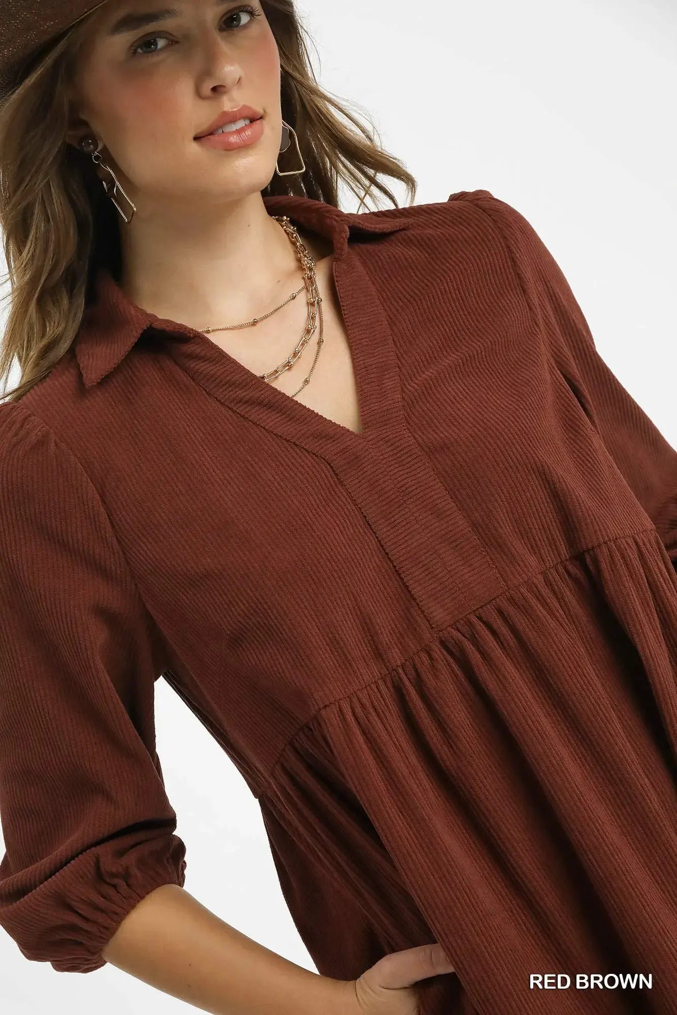 Umgee Tiered Corduroy Mini Dress with Balloon Sleeves by Umgee