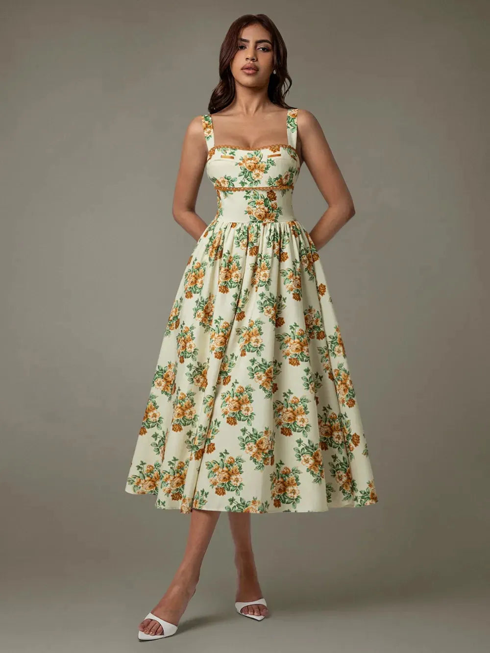 Lace Trim Floral Sleeveless Midi Dress by Partner Label
