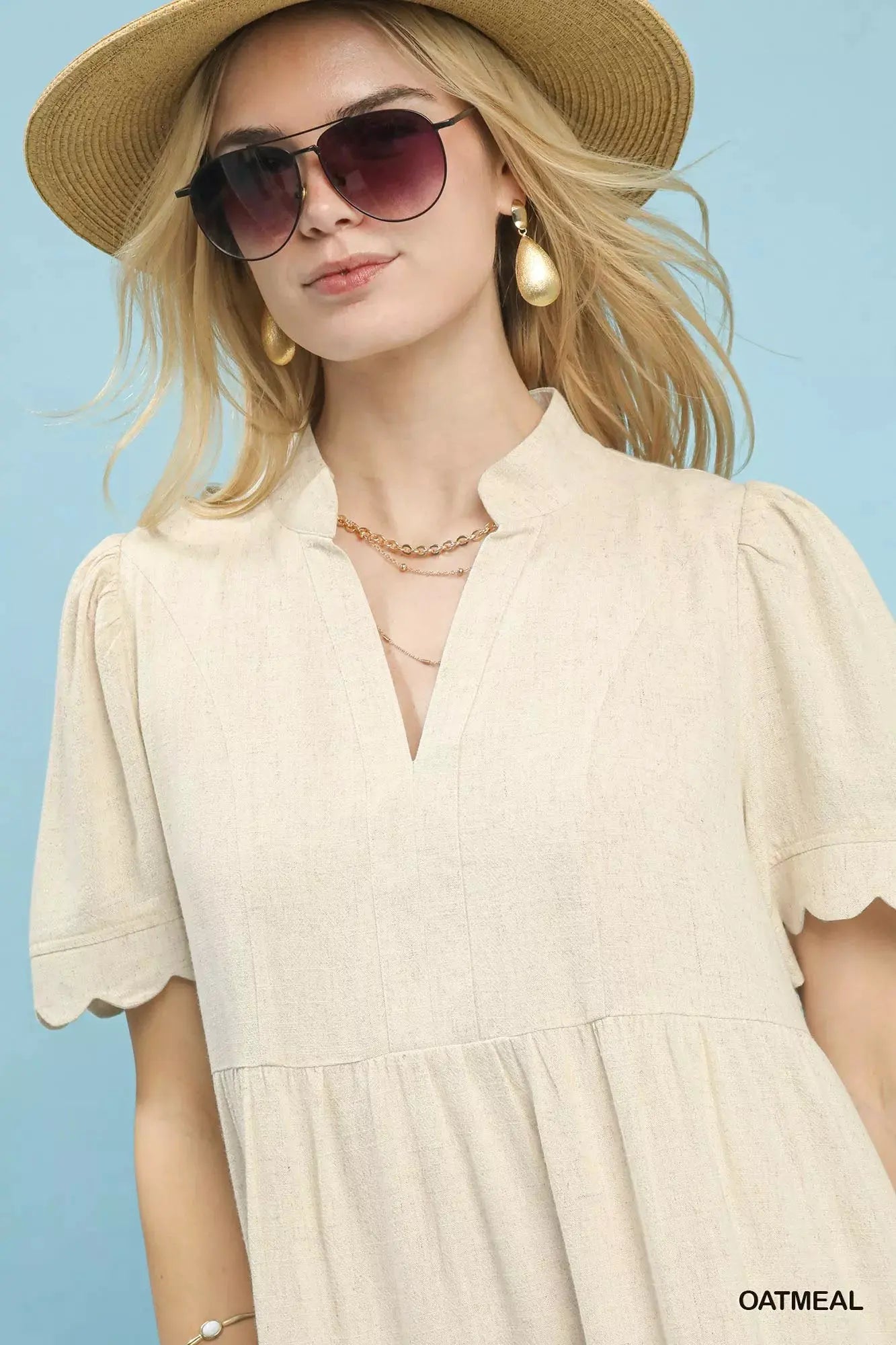 Umgee Linen Tiered Babydoll Dress with Scalloped Sleeves by Umgee