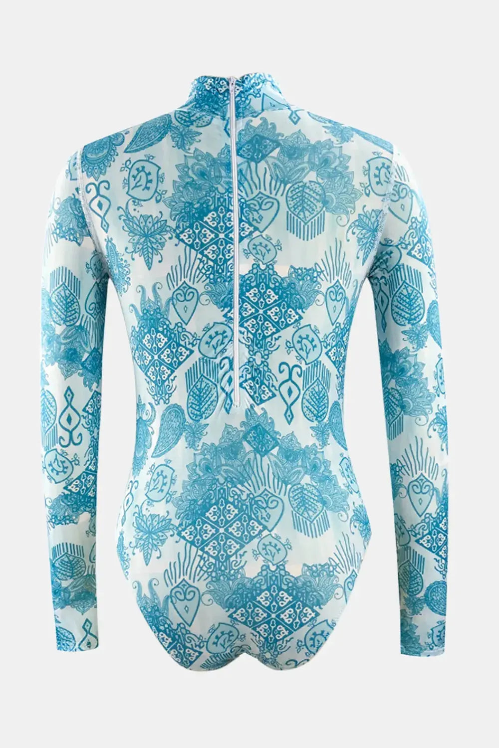 Printed Mock Neck Long Sleeve One-Piece Swimwear by Partner Label