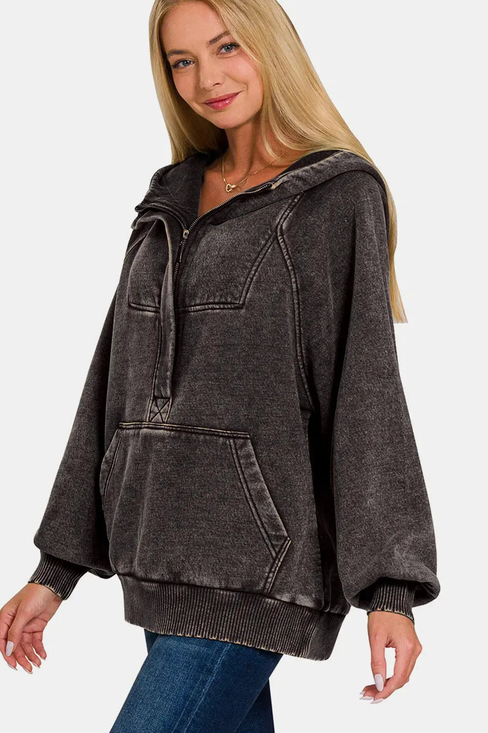 Zenana Acid Wash Fleece Kangaroo Hoodie by Zenana