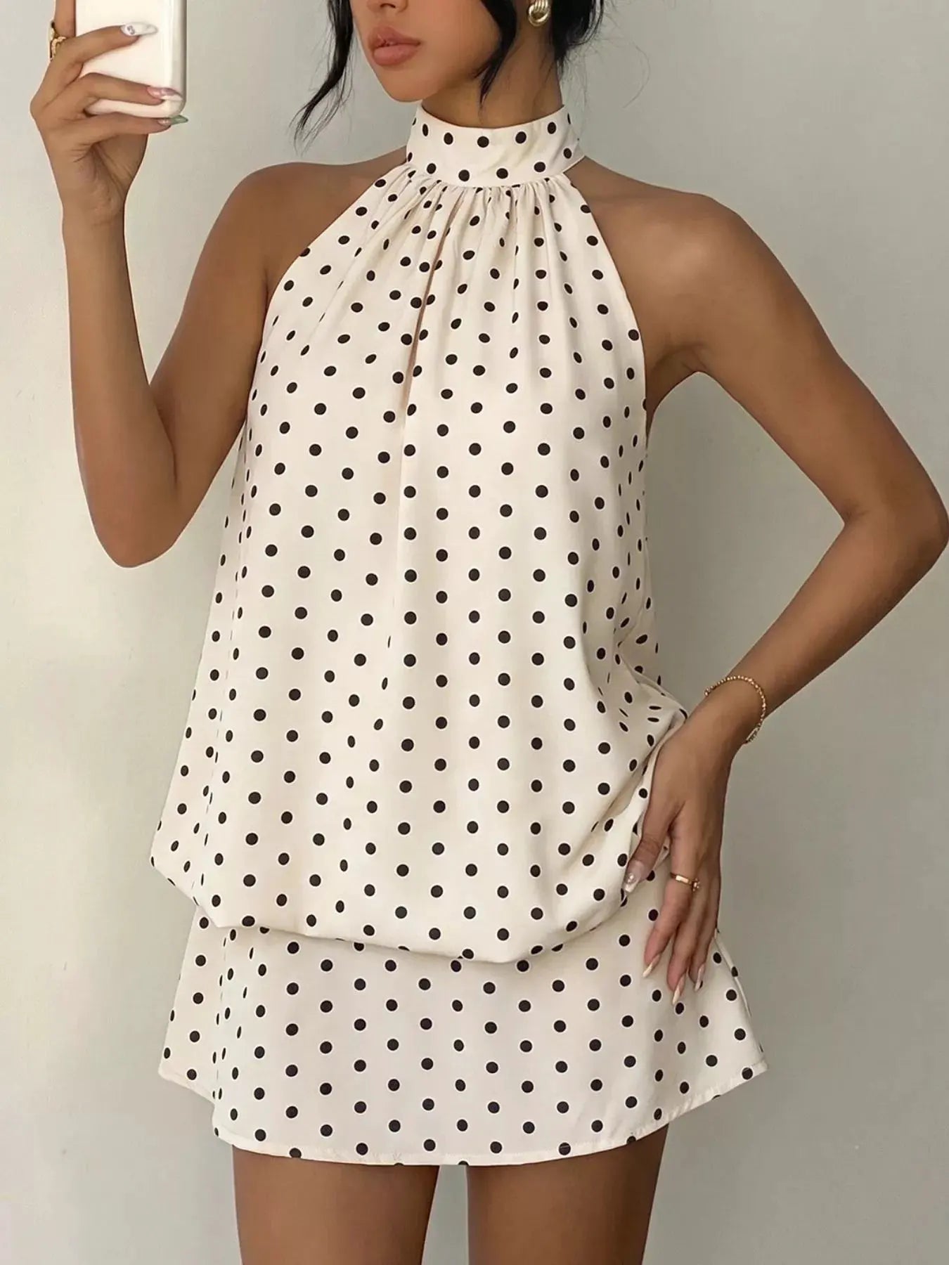 Polka Dot Halter Neck Mini Dress by Trendsi