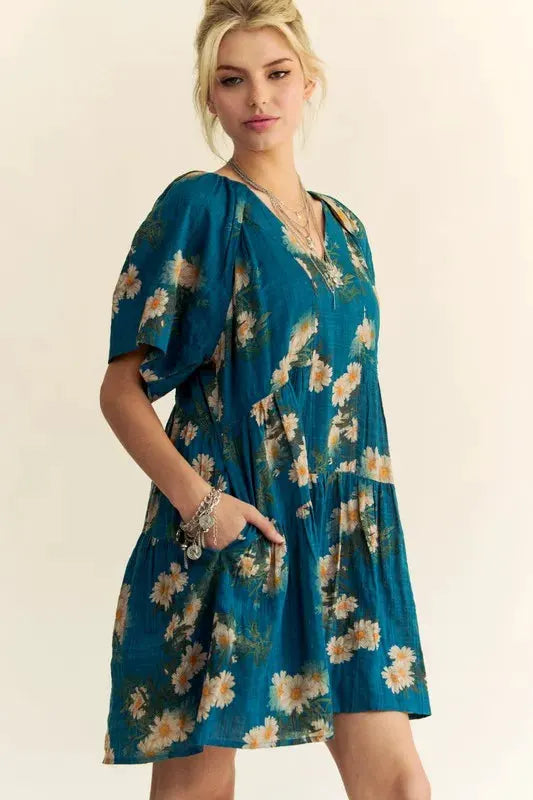 Davi & Dani Floral Print Short Bell Sleeve Pleated Mini Dress by Davi & Dani