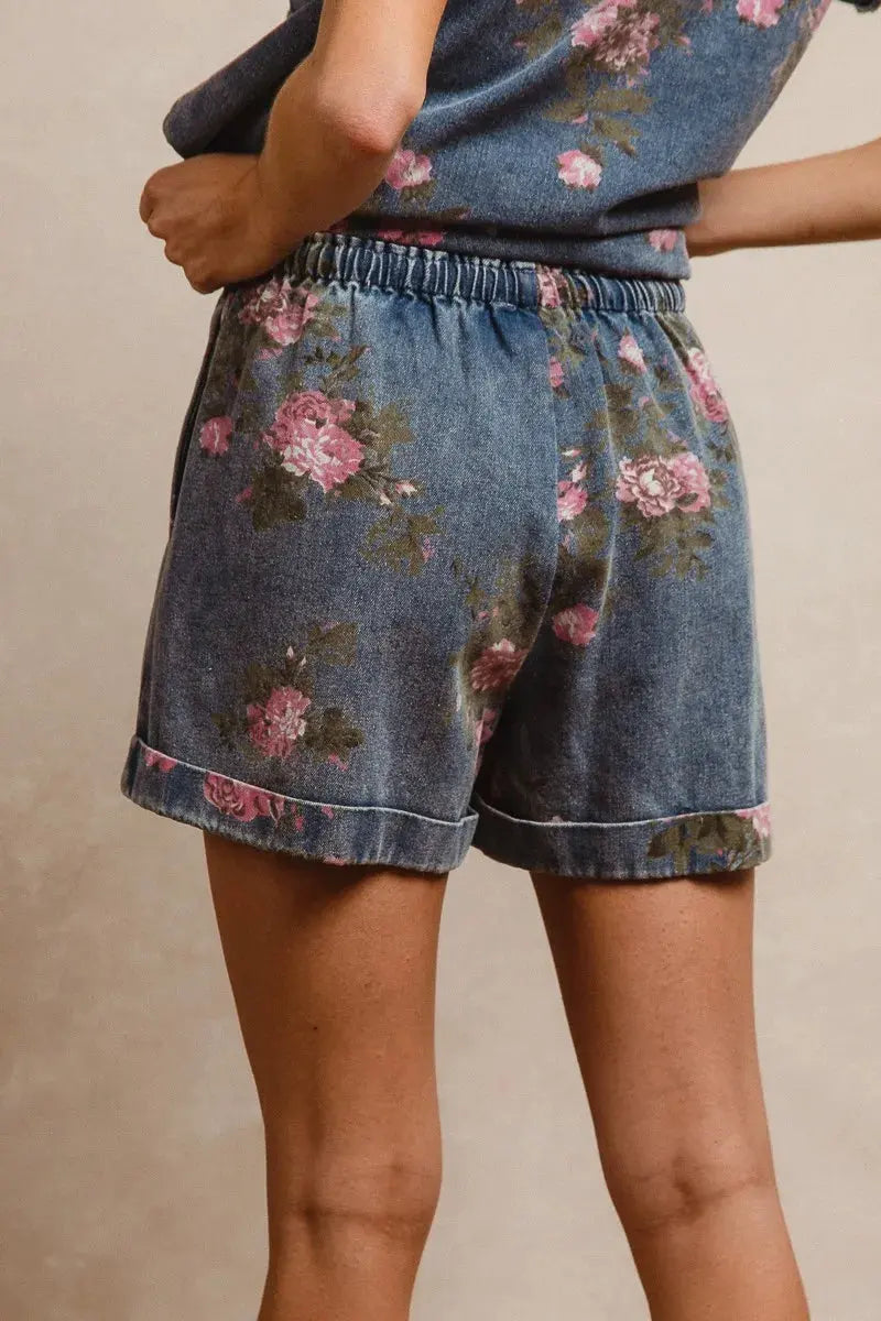 BiBi Floral Printed Denim Short Pants With Pocket by BiBi