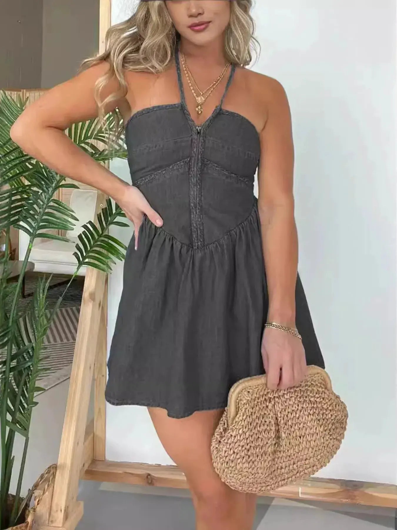 Full Size Lace Up Halter Neck Denim Dress Plus Size by Partner Label