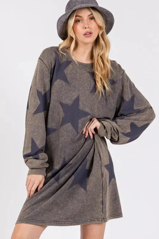 SAGE + FIG Washed Star Print Round Neck Dress by Partner Label