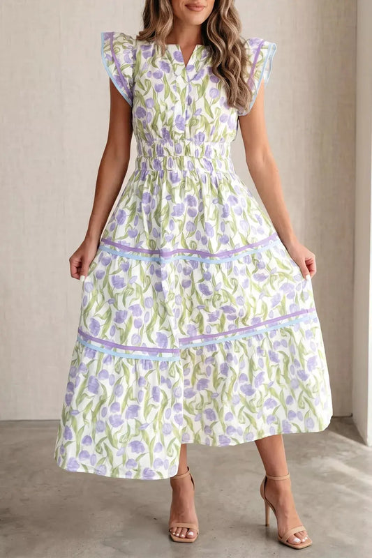 Floral Print Contrast Trim Midi Dress by Trendsi