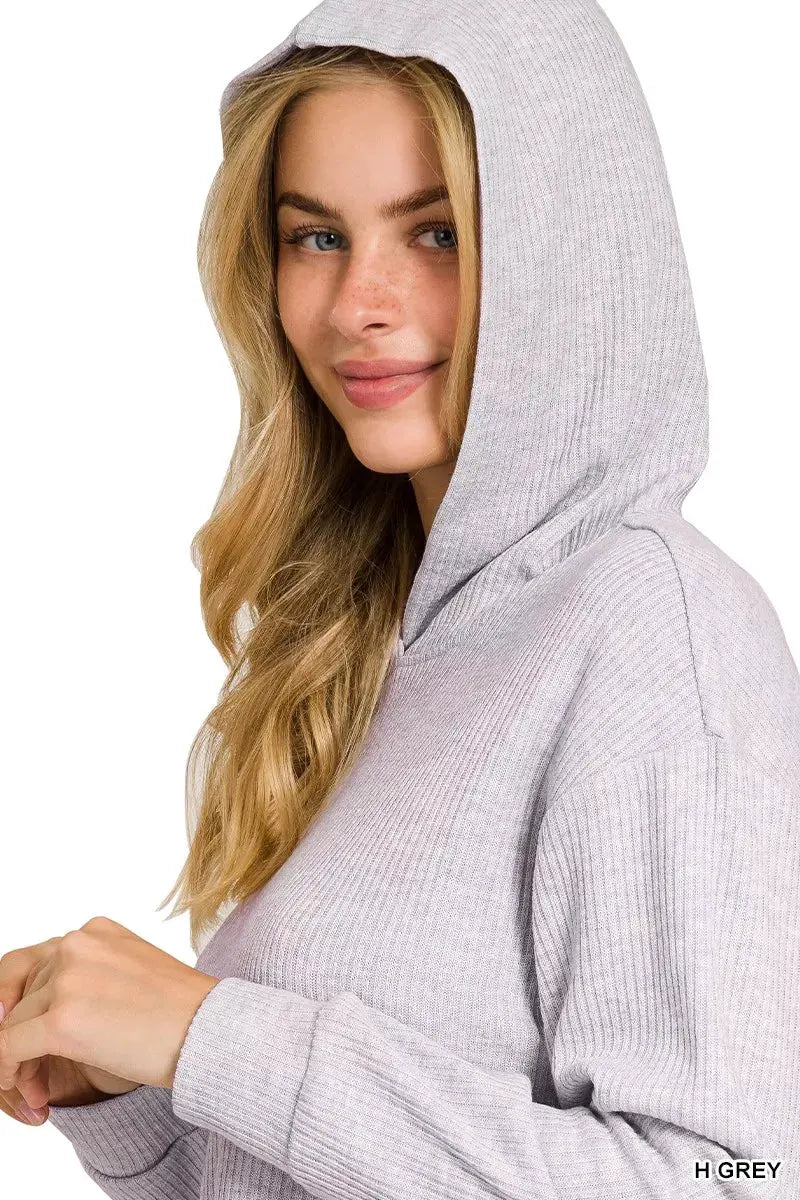 Zenana Drop Shoulder Ribbed Crop Hoodie by Zenana