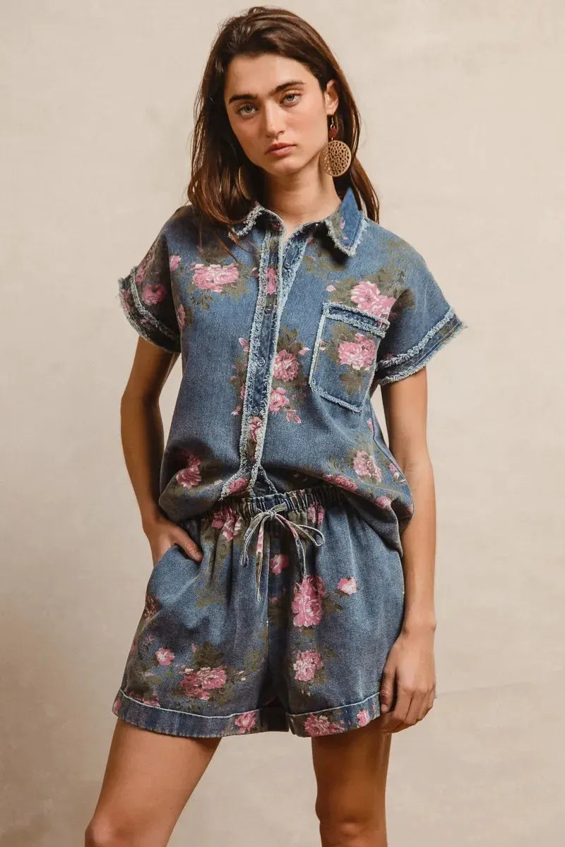 BiBi Floral Printed Denim Short Pants With Pocket by BiBi