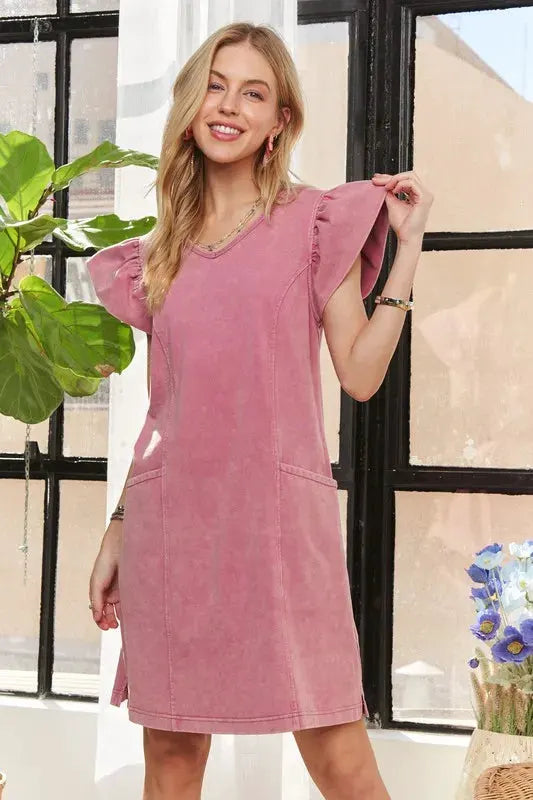 ADORA Mineral Washed V-Neck Ruffled Cap Sleeve Dress by Partner Label