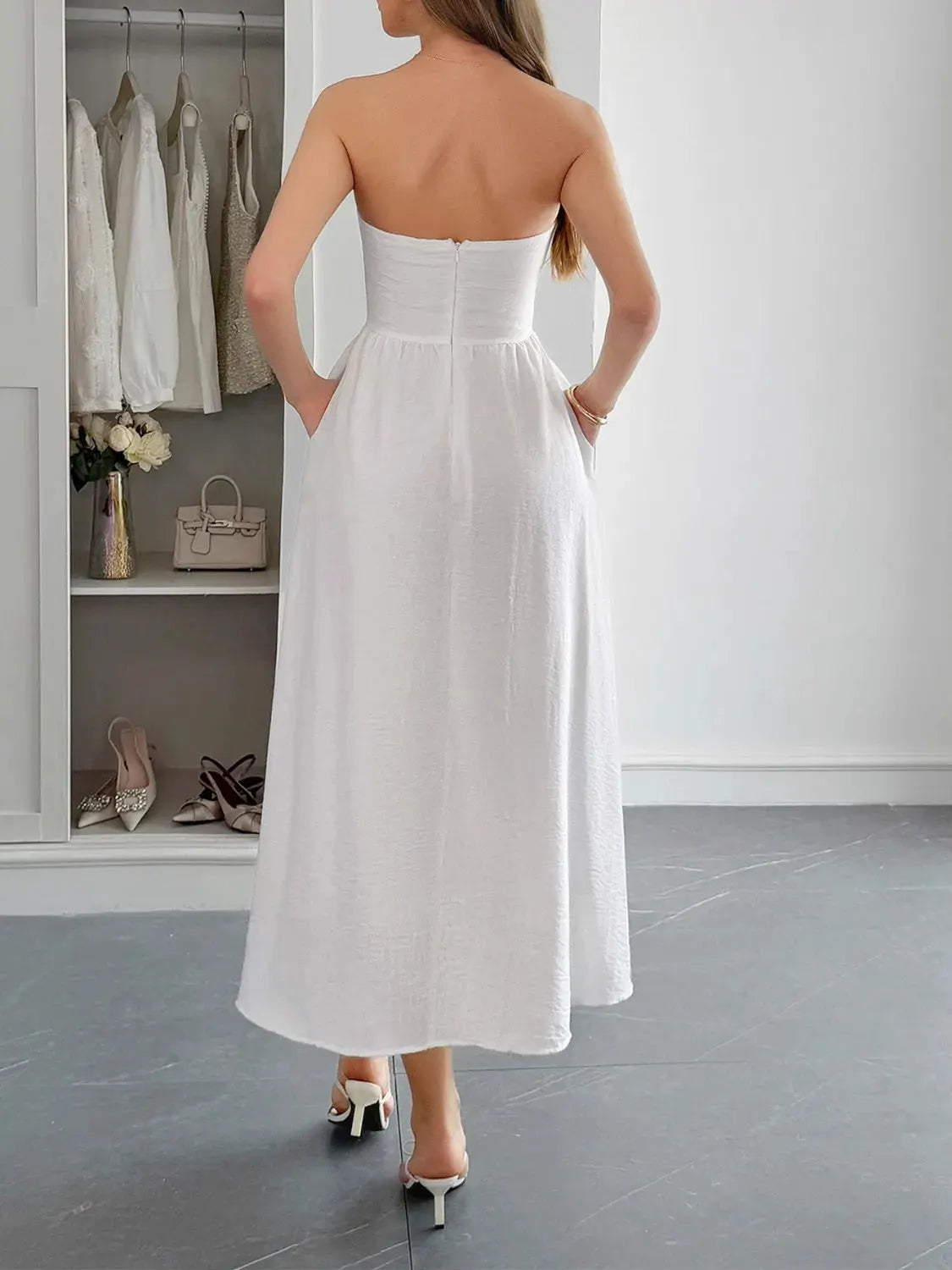 Strapless A-Line Midi Dress with Pockets by Partner Label