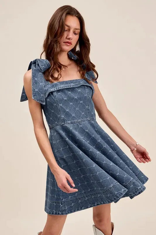 SO ME A Line Fit and Flare Diamond Bow Ribbon Denim Dres by SO ME