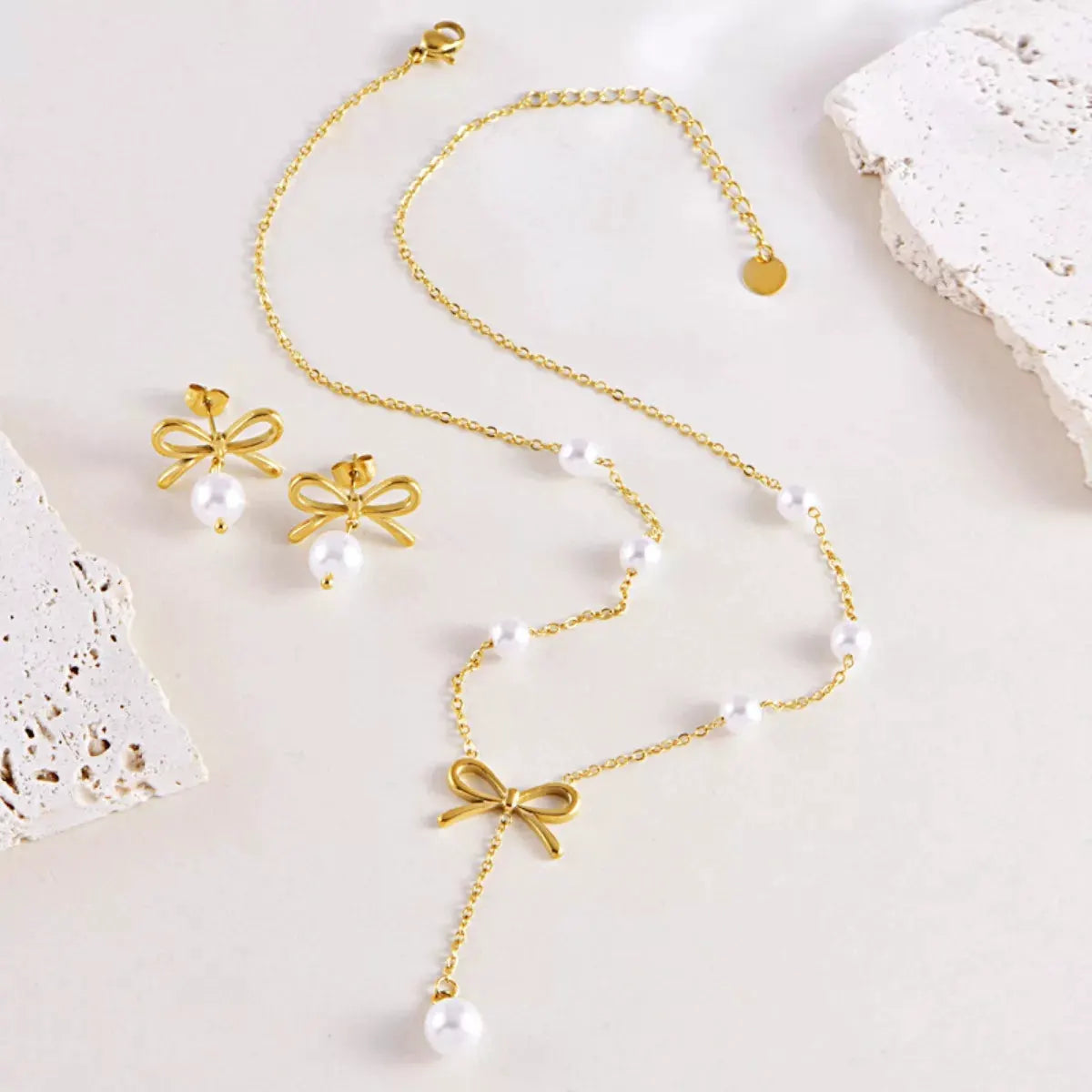18K Gold-Plated Bowknot Pearl Jewelry Set by Partner Label