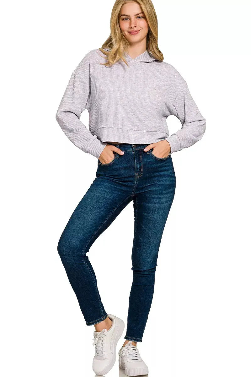 Zenana Drop Shoulder Ribbed Crop Hoodie by Zenana