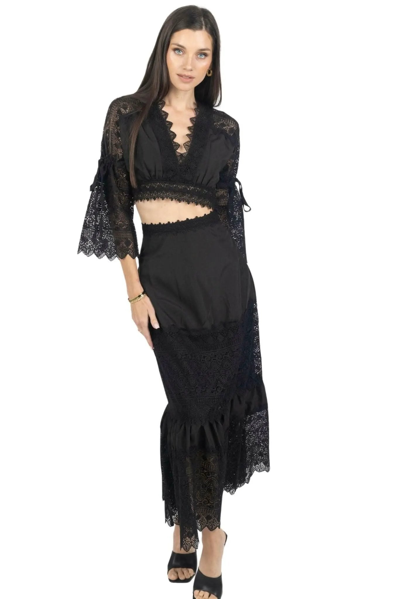 Emily Guipure Lace Top & Maxi Skirt Set In Black by AKALIA