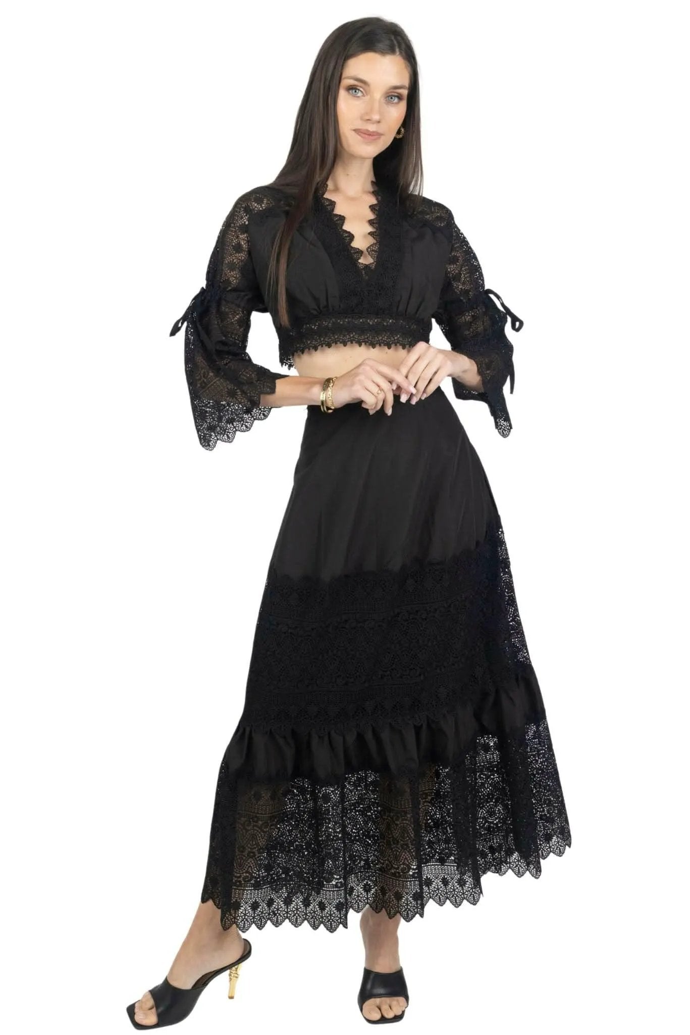 Emily Guipure Lace Top & Maxi Skirt Set In Black by AKALIA