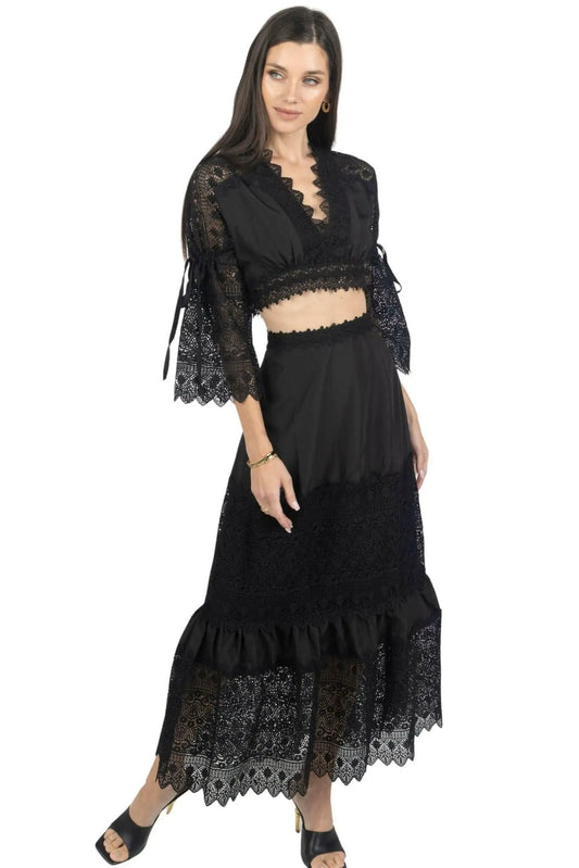 Emily Guipure Lace Top & Maxi Skirt Set In Black by AKALIA