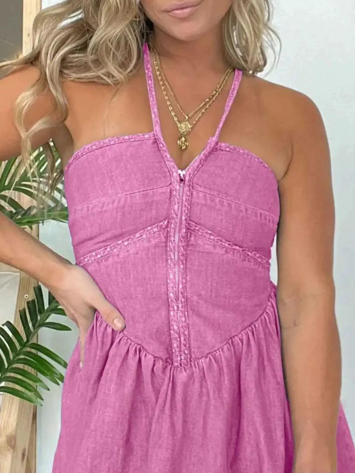 Full Size Lace Up Halter Neck Denim Dress Plus Size by Partner Label