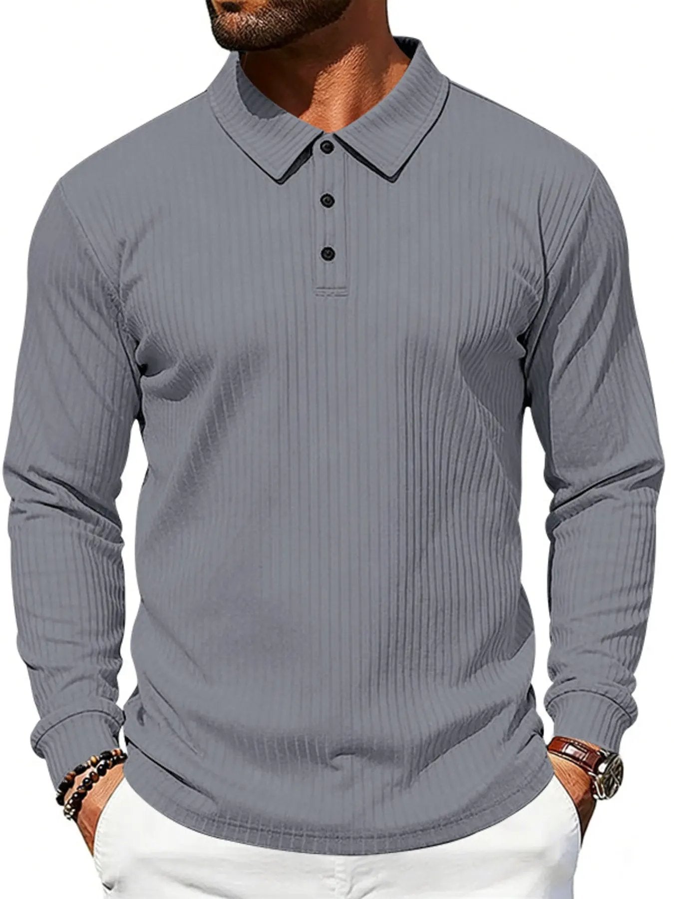Men's Full Size Ribbed Long Sleeve Polo with Button Detail Plus Size by Trendsi