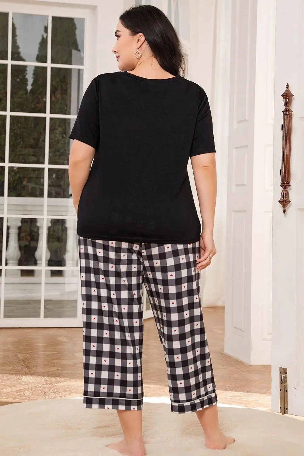 V-Neck Tee and Plaid Cropped Pants Lounge Set by Partner Label